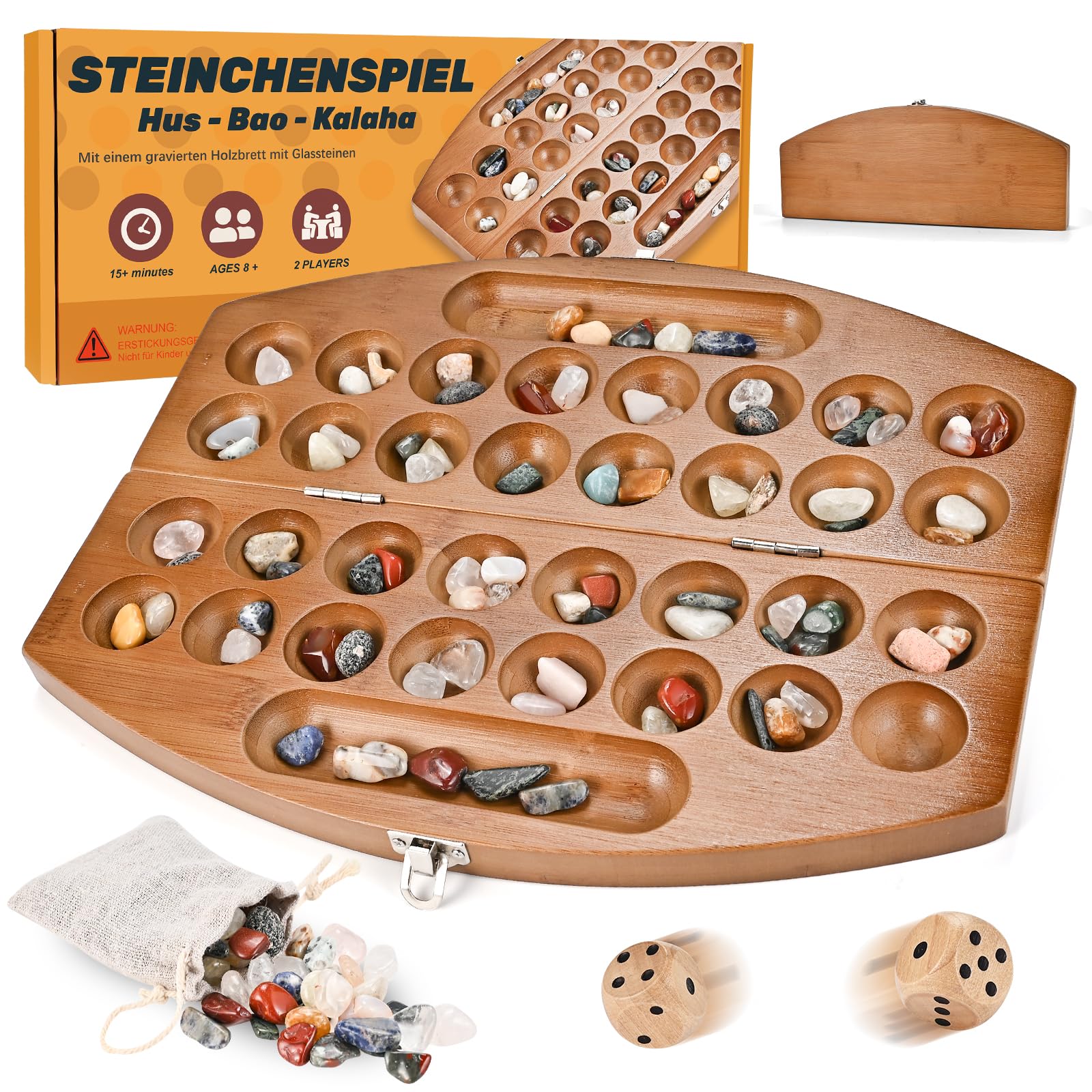 Wooderma Hus Bao Kalaha Wooden Stone Game Mancala with Gemstones for 2 Players, Ages 3+