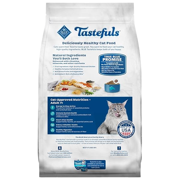 BLUE BUFFALO TASTEFULS ADULT 7+ NATURAL DRY CAT FOOD, CHICKEN & BROWN RICE 10LB BAG