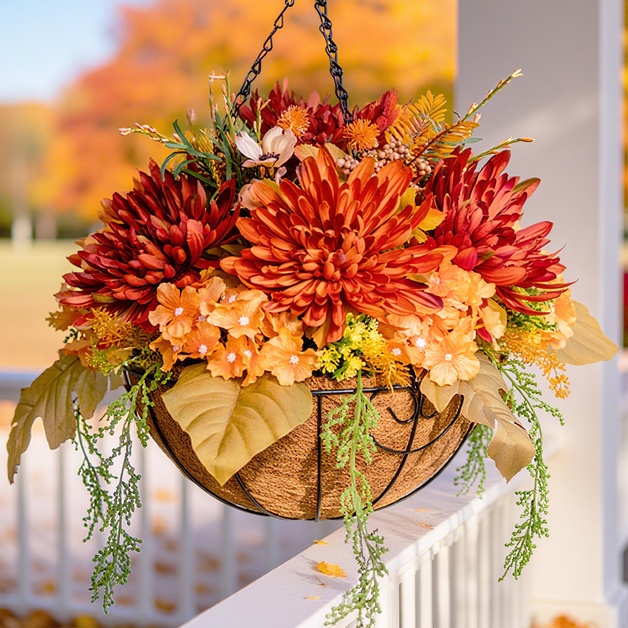 Photo 1 of Artificial Fake Hanging Mums Flowers Plants Baskets for Outdoor Outside Decoration, Faux Silk Orange Flower Chrysanthemum UV Resistant Realistic for Porch Patio Balcony Yard Decor