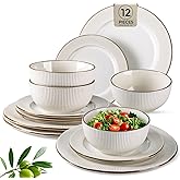 GBHOME Ceramic Dinnerware Sets,12 pcs Embossed Elegant Stoneware Plates and Bowls Sets, Housewarming Wedding Gift | Dishwasher & Microwave Safe | Dishes Set Service for 4