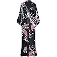 BABEYOND Women's Kimono Robe Long Satin Robes with Peacock and Blossoms Printed Kimono Nightgown