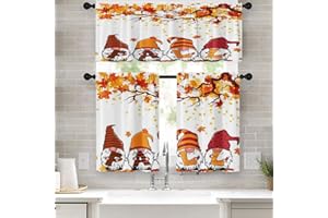 Arttown Fall Gnome Kitchen Curtains Funny Window Curtains and Valances Set 36 Inch, Autumn Maple Leaves Short Tier Curtain for Kitchen, Happy Thanksgiving Small Kitchen Decor