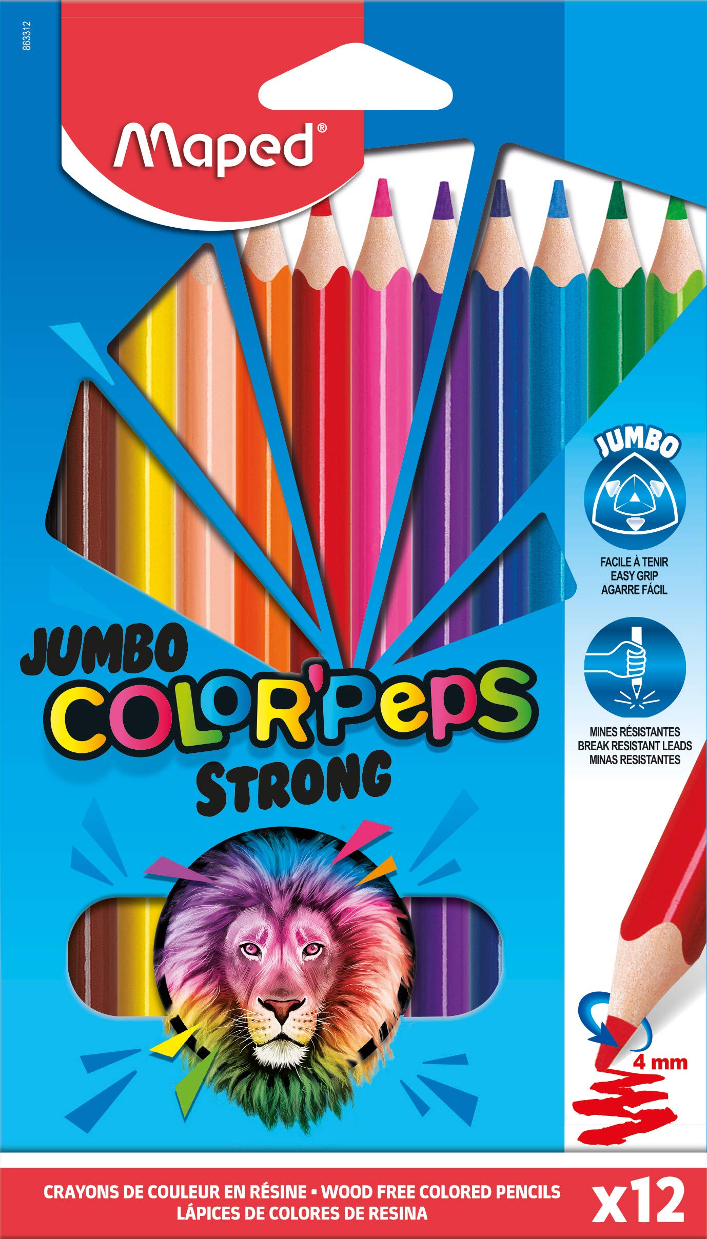 Ergonomic Triangular Colouring Pencils, Colour'Peps Strong Jumbo - Particularly Stable Lead Diameter 4 mm - 12 x Pens