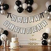Black White Happy Birthday Banner with Satin Bows Pre-Strung | Scalloped Edge Birthday Party Decorations,Pre-Strung Happy Birthday Sign, Indoor Outdoor Milestone Birthday Party Supplies