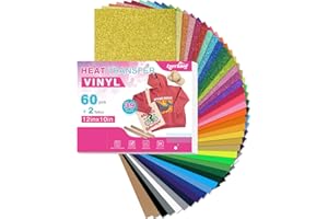 Lzerking Heat Transfer Vinyl 62 Pcs 12in x 10in Htv Vinyl Bulk (39 Colors), Including 60 Matte and Glitter Iron on Vinyl with 2 Teflon Sheets for T-Shirt, Gift Fits Cricut, xTool M1 Cutting Machines