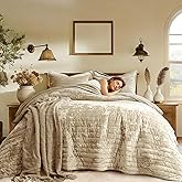 Qucover Velvet Quilt King Size, 106"x98" Oversized King Quilt Bedding Set, Luxury Cream Beige Striped Comforter, Ultra Soft Winter Quilted Bedspread Coverlet for All Seasons