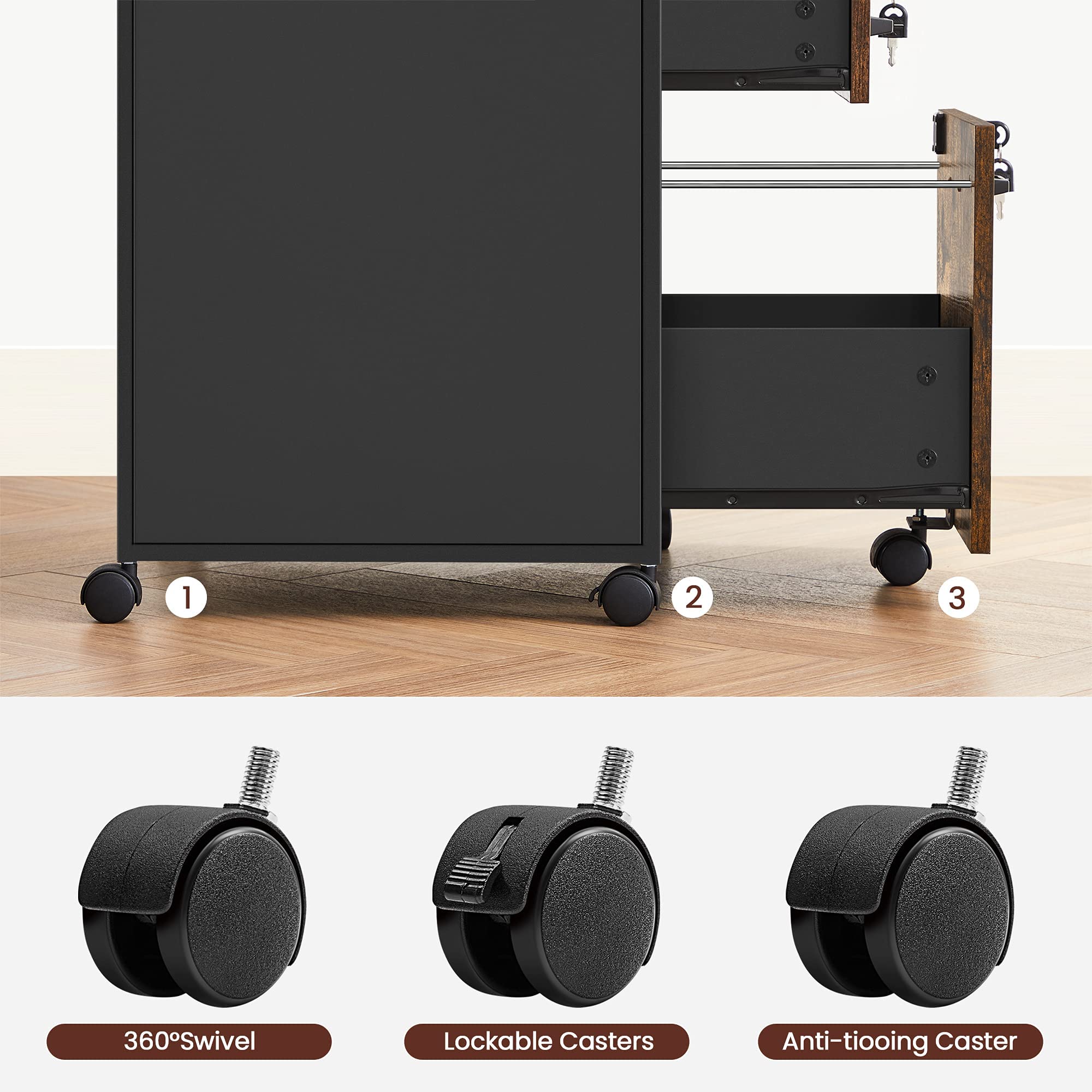 VASAGLE File Cabinet, Mobile Filing Cabinet on Wheels, for Home Office, 2 Lockable Drawers, for A4, Letter-Size Hanging File Folders, Open Shelf, Steel Frame, Rustic Brown and Ink Black UOFC077B01