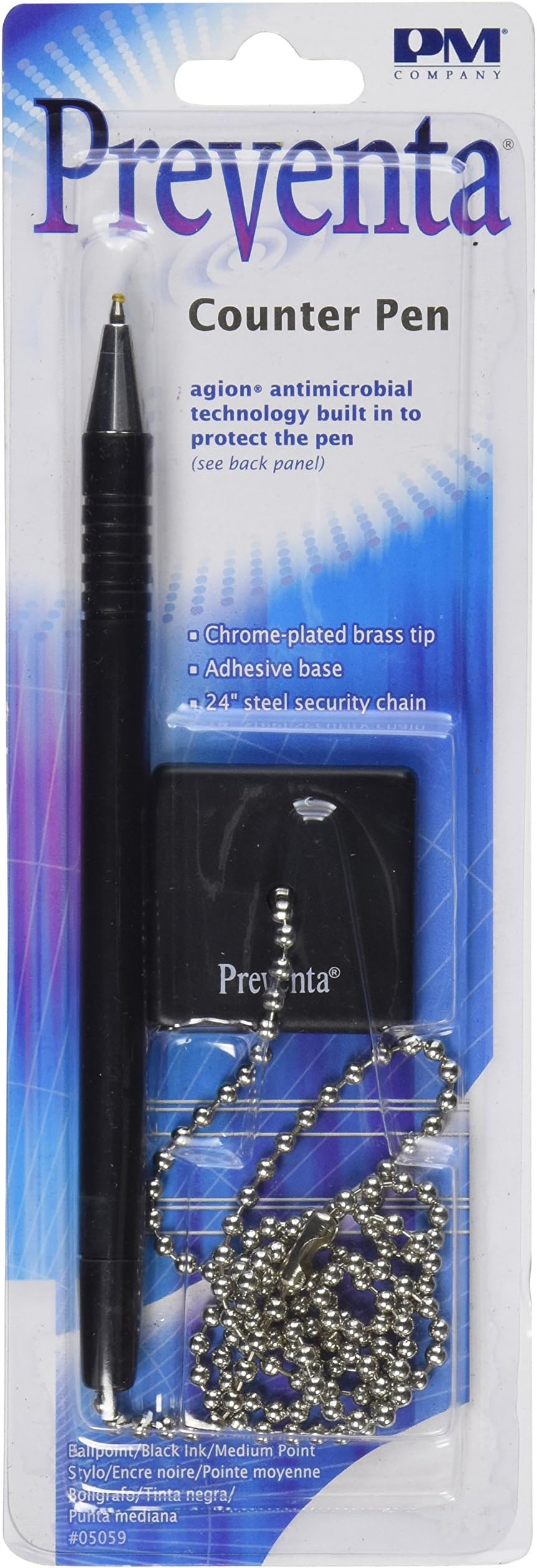 PM Company Preventa Chain Counter Pen with Chrome-Plated Tip And Agion Technology, 24-Inch Steel Chain, Medium Point, Black Barrel/Ink/Base (05059)