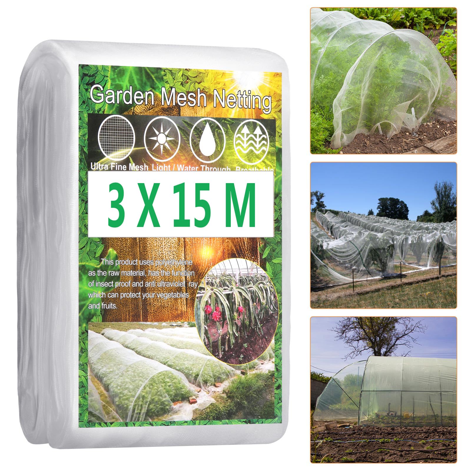 Fippy 3X15M Garden Mesh Netting Pest Barrier for Plants, Insect Netting Garden Bug Mesh for Blueberry Bushes, Vegetables Fruits Trees Protection