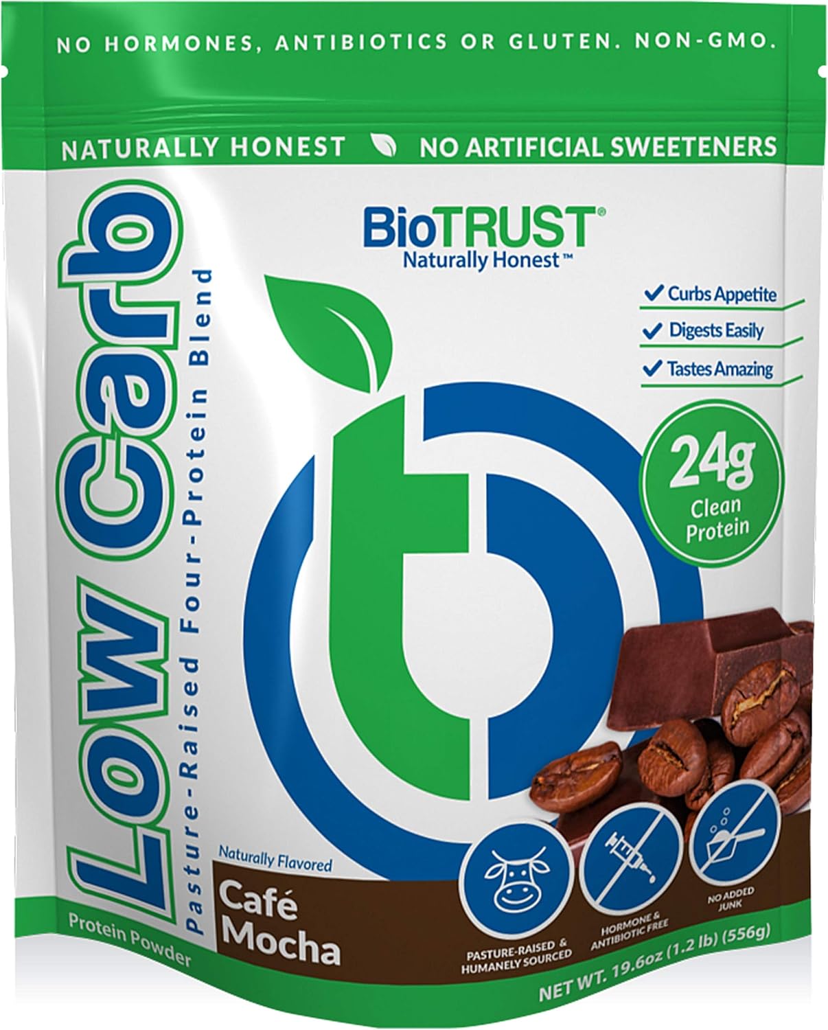 BioTrust Low Carb Natural and Delicious Protein Powder Whey and Casein Blend from Grass-Fed Hormone Free Cows, Non GMO, Soy Free, Gluten Free, Hormone and Antibiotic Free (6 Flavors) (Cafe Mocha)