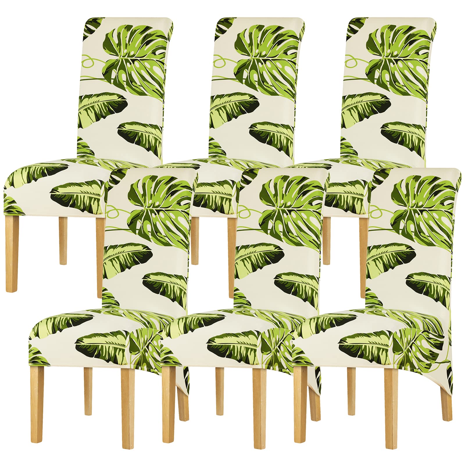 Leorate Tropical Print Dining Chair Covers Set of 6 – Stretch High Back Slipcovers with Monstera & Palm Leaf Pattern, Ivory/Cream Washable Removable Furniture Protector for Kitchen, Banquet & Home