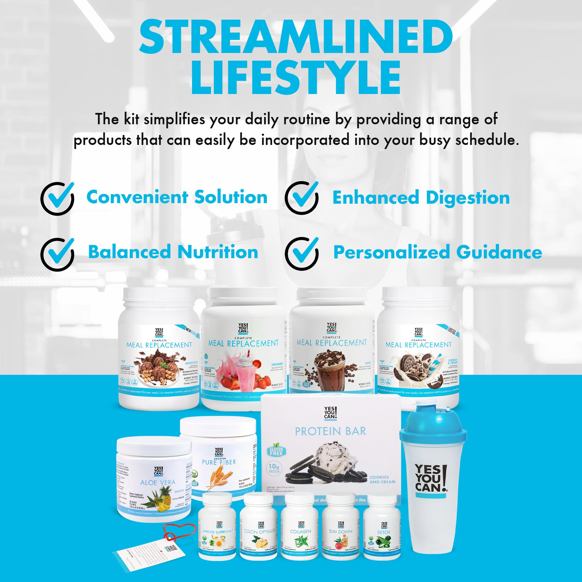 Yes You Can! All-in-One Kit with Meal Replacement Shakes, Aloe Vera Drink Mix, Fiber Shake Mixer, Protein Snacks, Supplements - Complete Wellness Kit