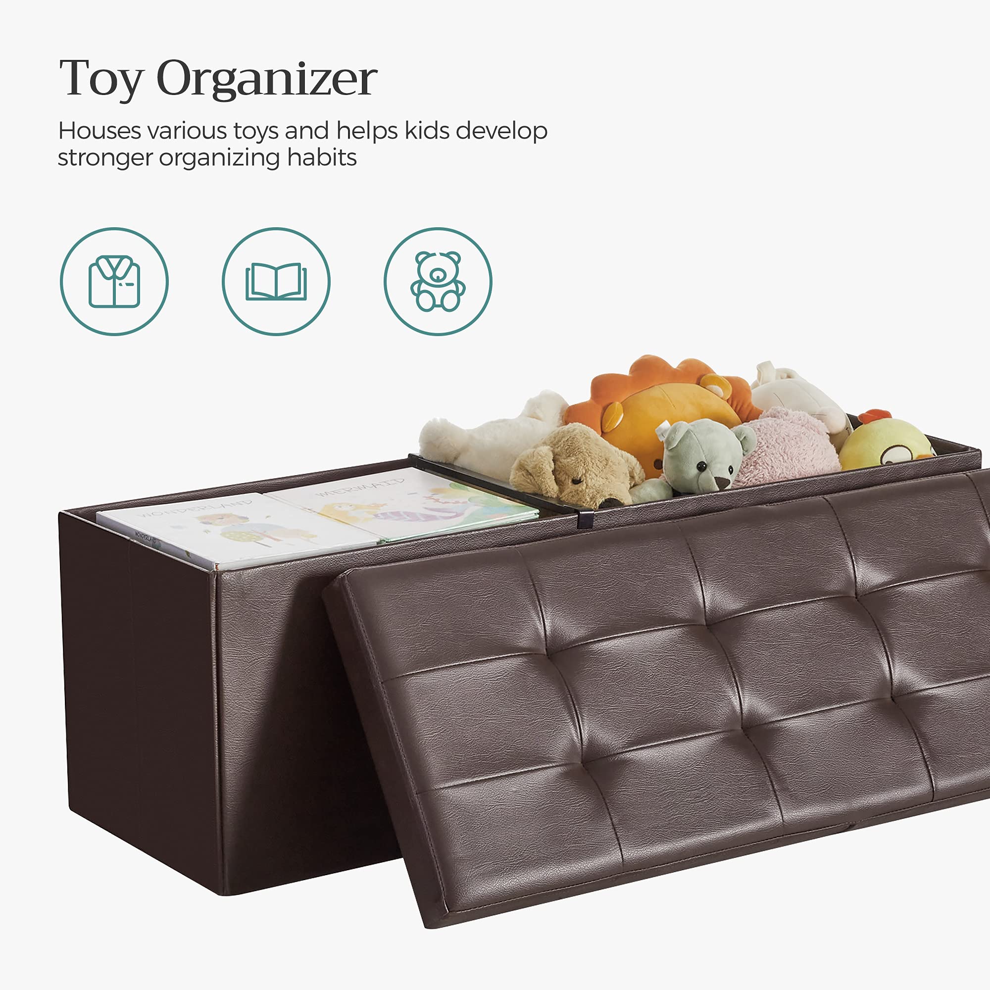 SONGMICS 43 Inches Folding Storage Ottoman Bench with Flipping Lid, Storage Chest Footrest Padded Seat with Iron Frame Support, Brown ULSF75BR