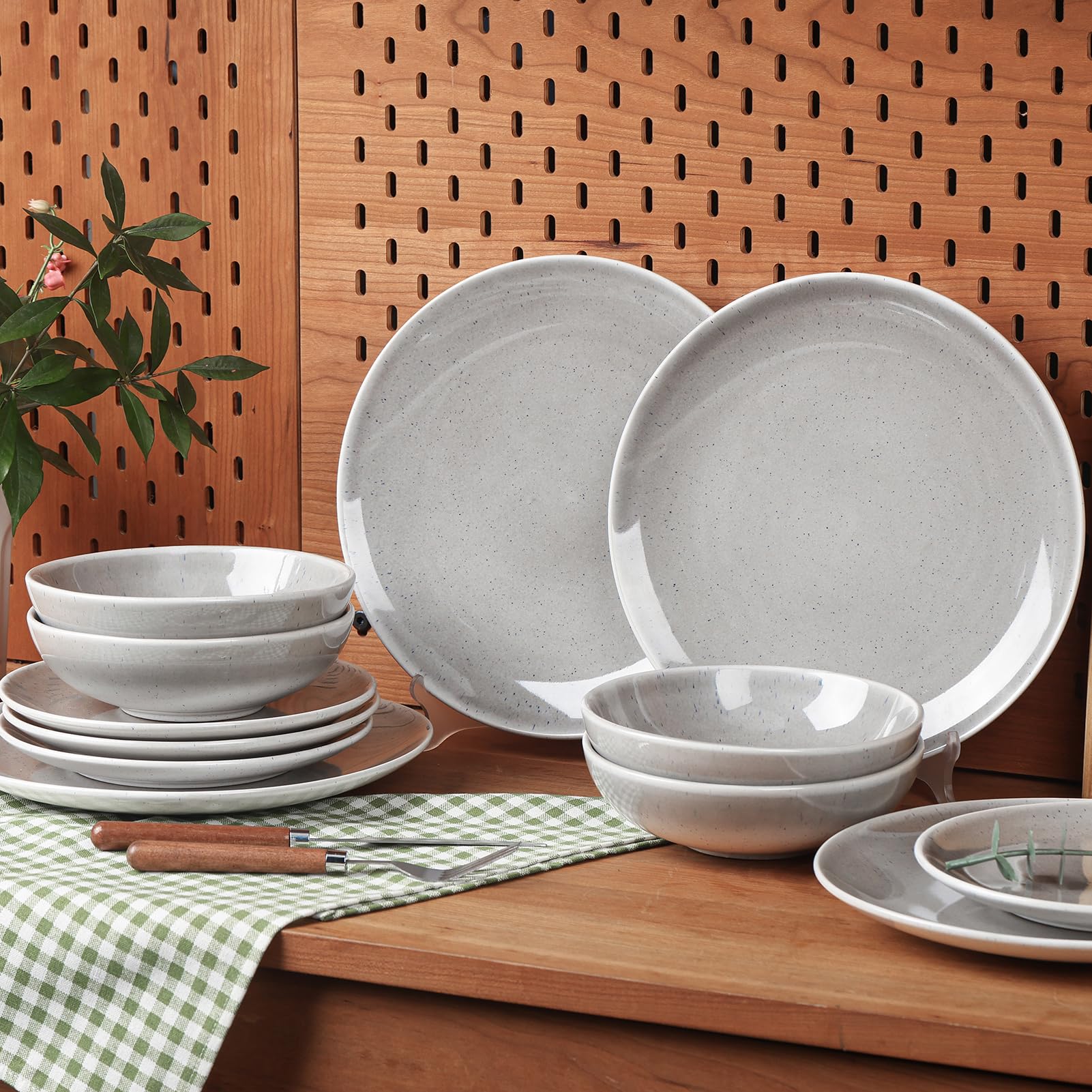 Photo 1 of ***GREY*** CQN&ZXD Ceramic Plates and Bowls Sets, 12 Pieces, Hand-Crafted Dishes set for 4 with Gradient Reactive-Glaze, Microwave & Dishwasher Safe Dinnerware Sets, Modern Style, Velvet Grey & Meteor Blue