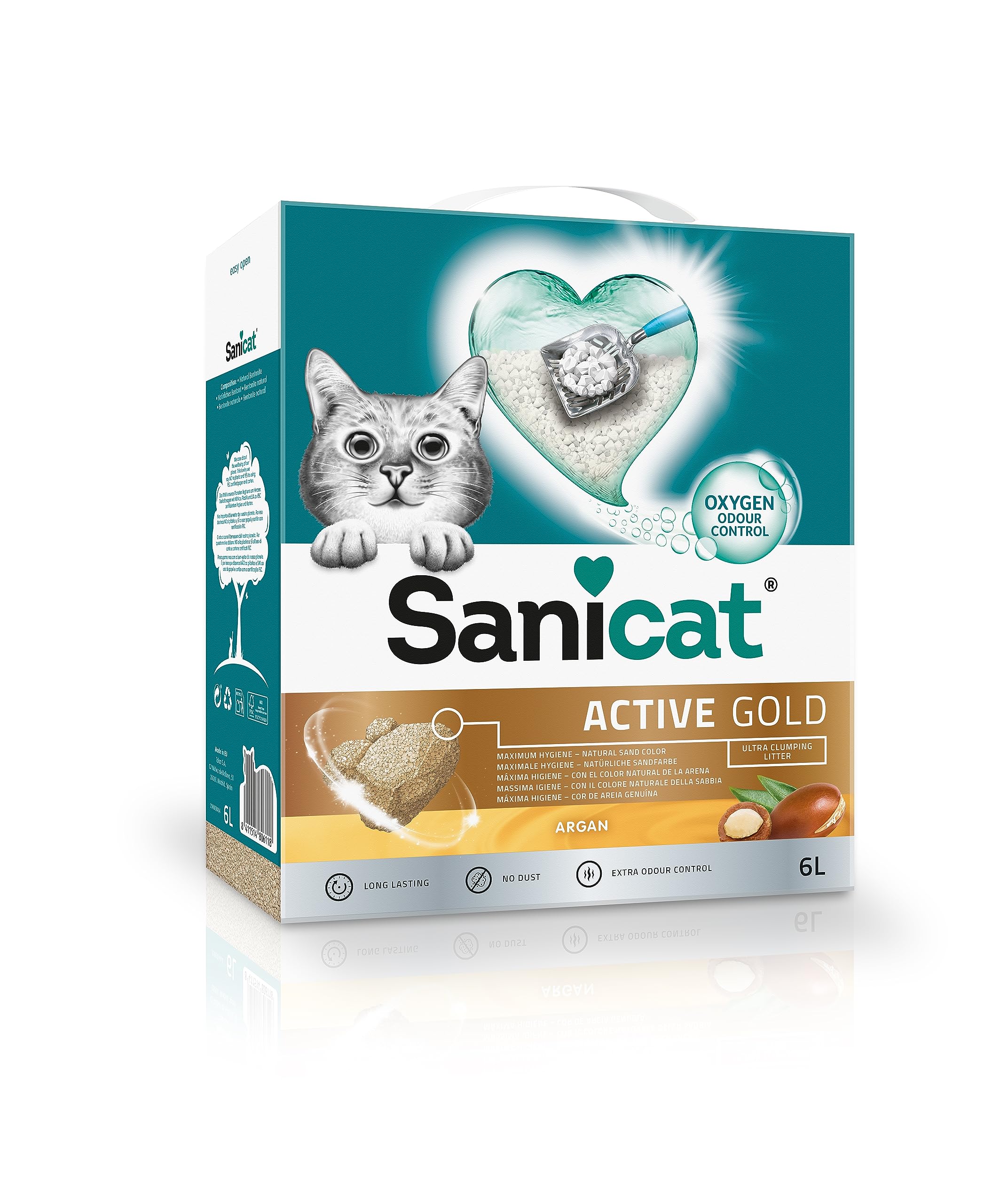 Sanicat - Active Gold argan scented Clumping Cat Litter | Made of natural minerals with guaranteed odour control | Absorbs moisture and makes cleaning easier | 6 L capacity