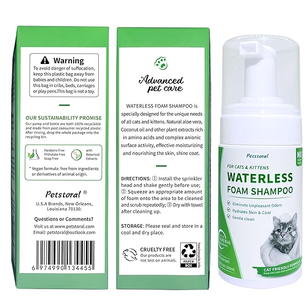 PETSTORAL WATERLESS CAT SHAMPOO NO RINSE KITTEN SHAMPOO, EASY CAT BATH CLEANER – HYPOALLERGENIC CAT SHAMPOO FOR LONG AND SHORT HAIR
