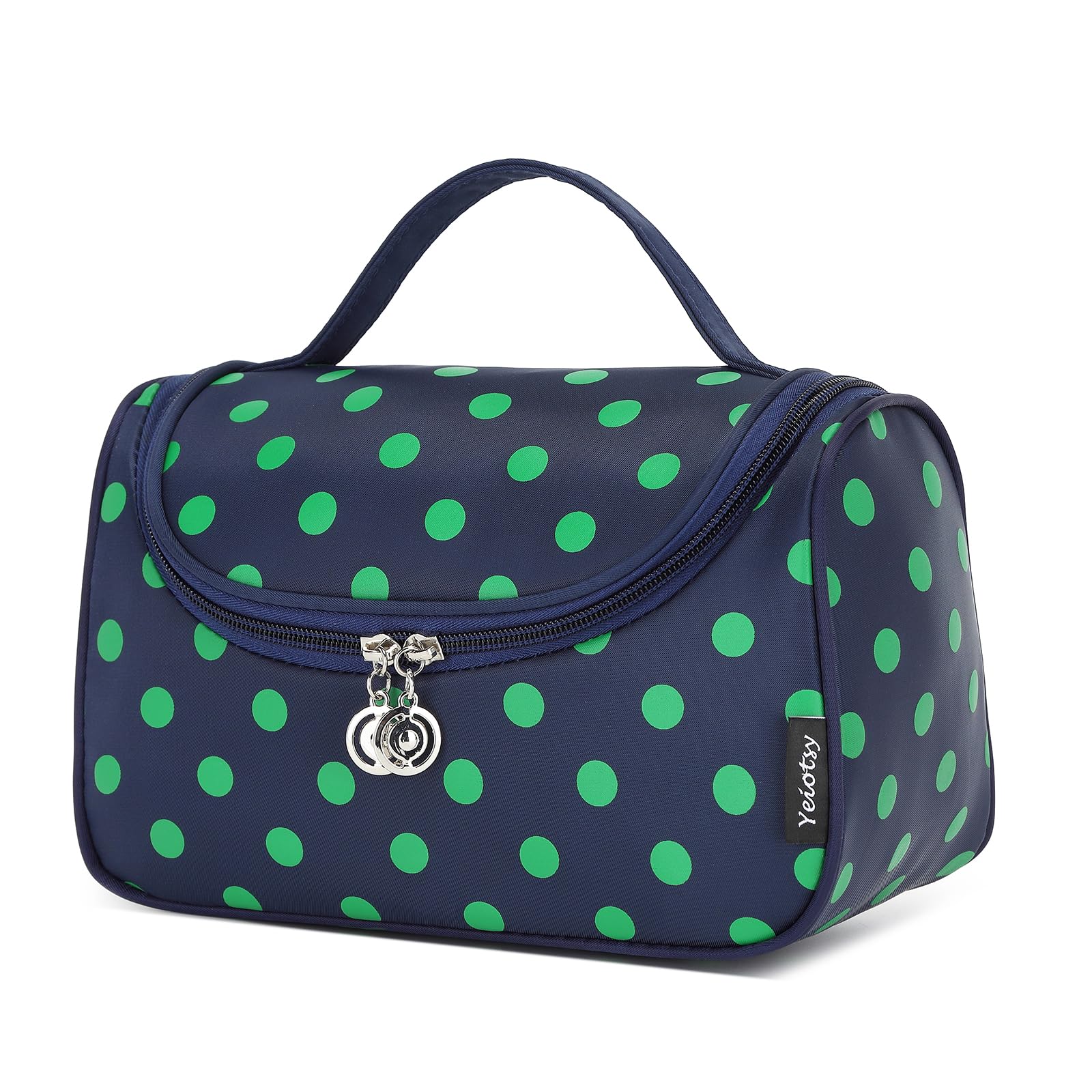 Yeiotsy Travel Cosmetic Bag – Polka Dots Makeup Travel Organizer, Hanging Toiletry Bag for Women (Navy Blue)