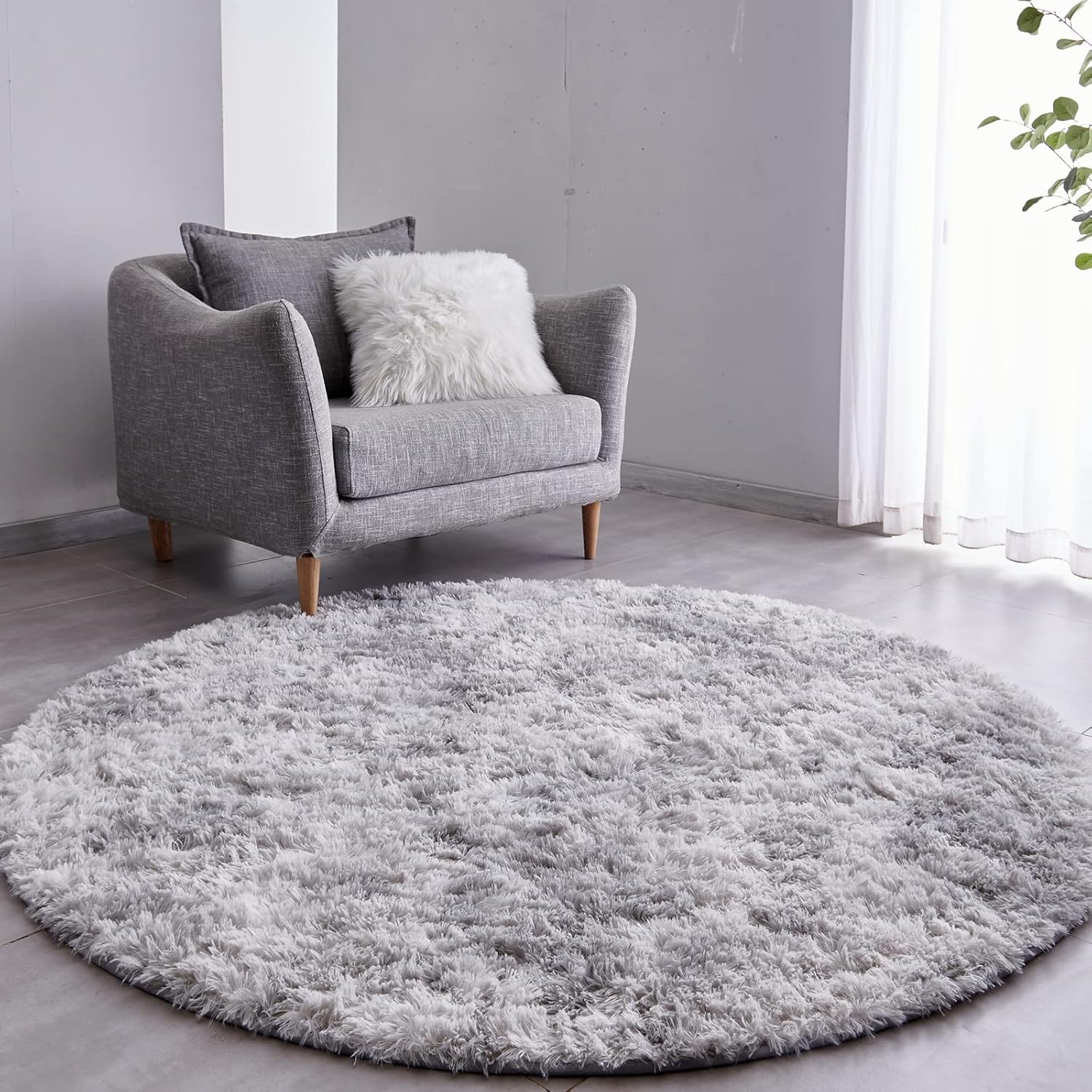 Rugs, Pads & Protectors - FJZFING Tie-Dyed Light Grey Round Rug Ultra-Soft Plush Modern 4x4 Circle Area Rug for Kid's Bedroom, Fluffy Shag Circular Rug for Nursery Room, Non-Slip Tie-Dyed Light Grey Rug for Teen's Room