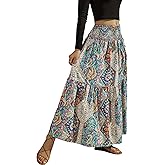 YHYJMY Women's Boho Skirt Elastic High Waist Pleated A-Line Flared Maxi Skirts Womens Flowy Long Skirts