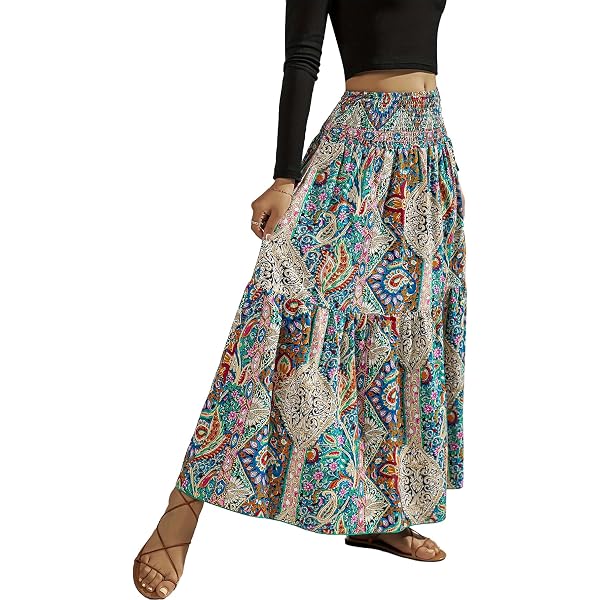 Falda Larga Para Mujer Con Estampado Floral - Cintura Alta Elástica, Corte Acampanado, Ideal Para Vacaciones