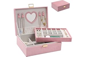 Dajasan Jewelry Boxes for Women Girls, Jewelry Organizer Box, 2-Layer Large Velvet Jewelry Organizer for Rings Necklaces Bracelets Watch Earring（Pink）