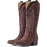 IUV Suede Cowboy Boots For Women Chunky Heel Pointed Toe Cowgirl Boots Mid Calf Western Embroidery fall Boot