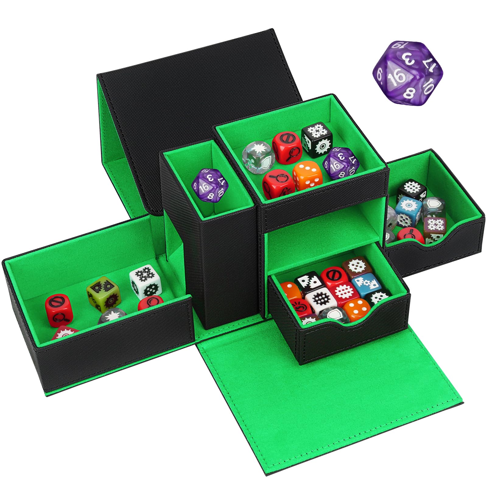 Jaffzora 3 in 1 Dice Tower & Dice Storage Box, Magnetic Leather Dice Tray & Dice Roller, Portable Dice Organizer for Dungeons & Dragons, MTG, RPG & Tabletop Games, Black & Green