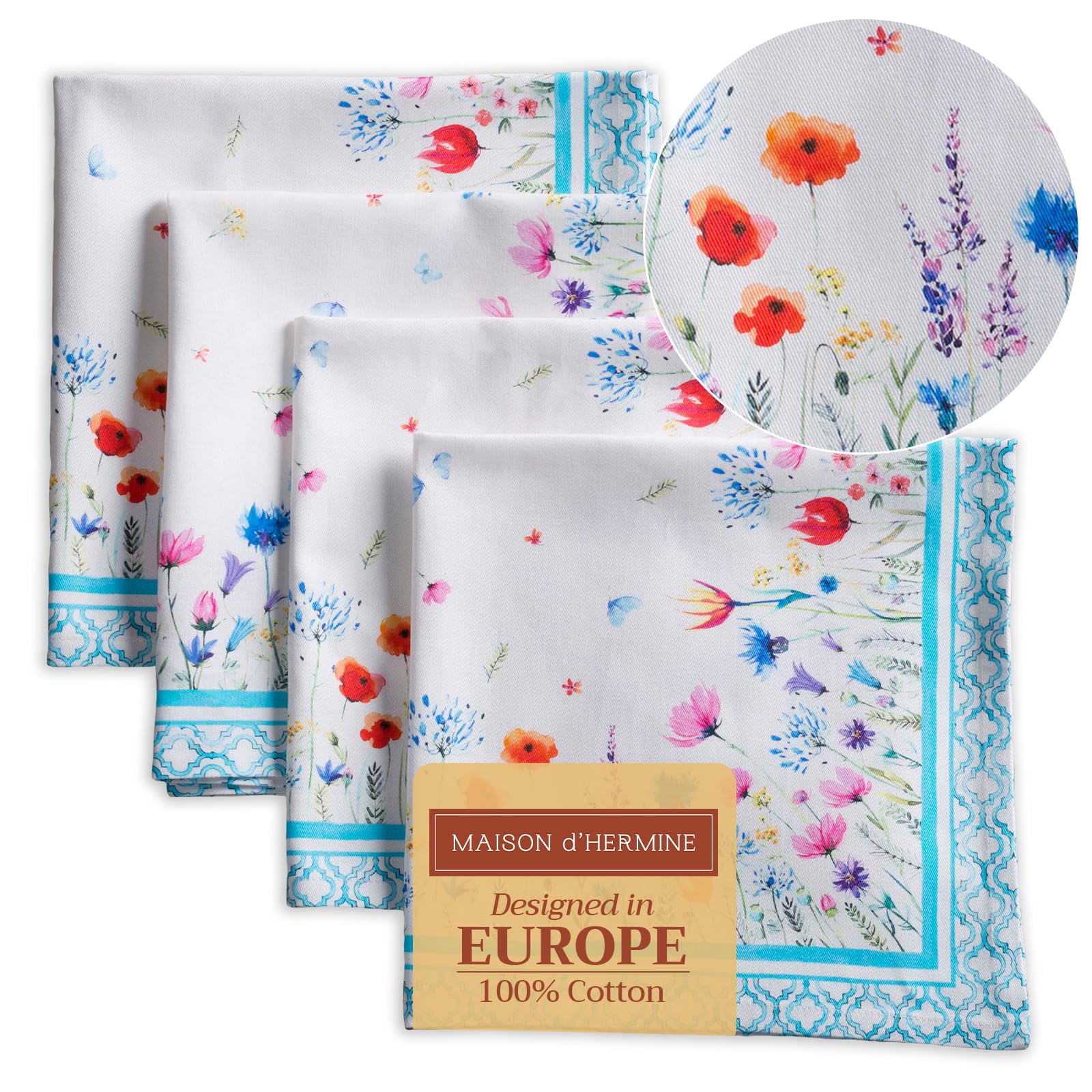 Maison d' Hermine Cloth Napkins Set of 4 100% Cotton Everyday Reusable Square Napkins Cloth Washable Dinner Party Wedding Restaurant Gifts for Mothers Day (Flower In The Field, 45 CM x 45 CM)