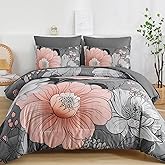 Xruibed Queen Comforter Set 7 Pieces Grey Floral Comforter Set Queen Size Bed in a Bag Flower Bedding Sets Lightweight Boho Bed Set with Sheet,Pillowcases&Shams for All Season