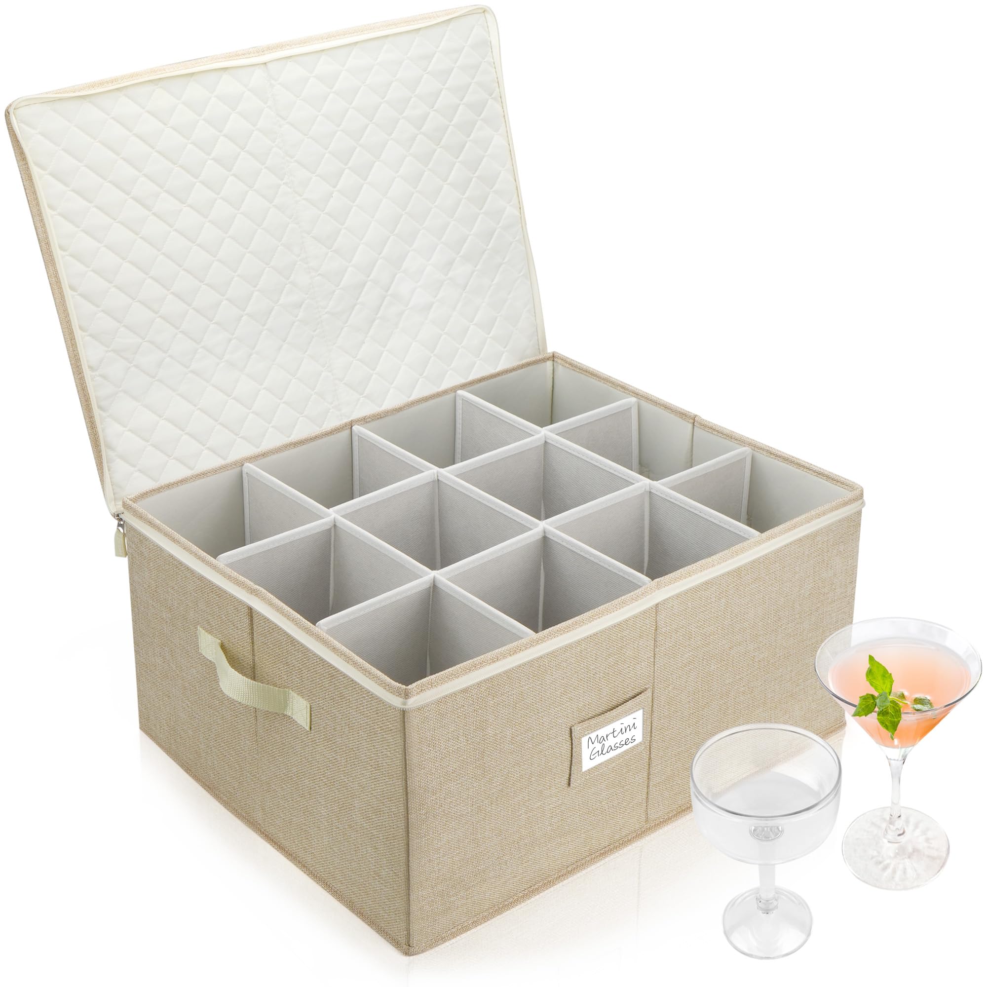 Photo 1 of LotFancy Stemware Storage Container, Hard Shell, Large Wine Glass Storage Box for Moving, Stackable, Foldable, Crystal Glassware, Drinkware Case with Dividers & Handles, 21”x15.5”x10”, Beige