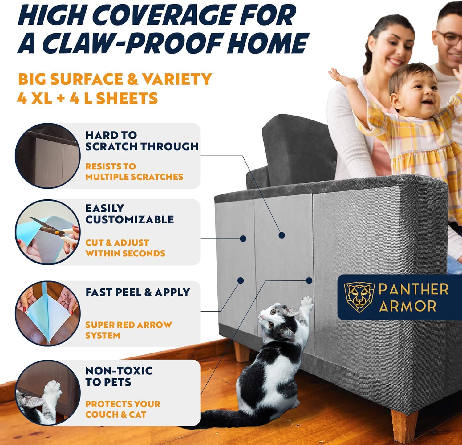 Panther Armor Cat Scratch Deterrent Tape – 8(Eight)-Pack – Double Sided Anti Cats Scratching Sticky Tape – 4-Pack XL 16”L 12”W + 4-Pack Large 17”L 10”W Furniture Protectors – Clear Training Tape : Pet Supplies