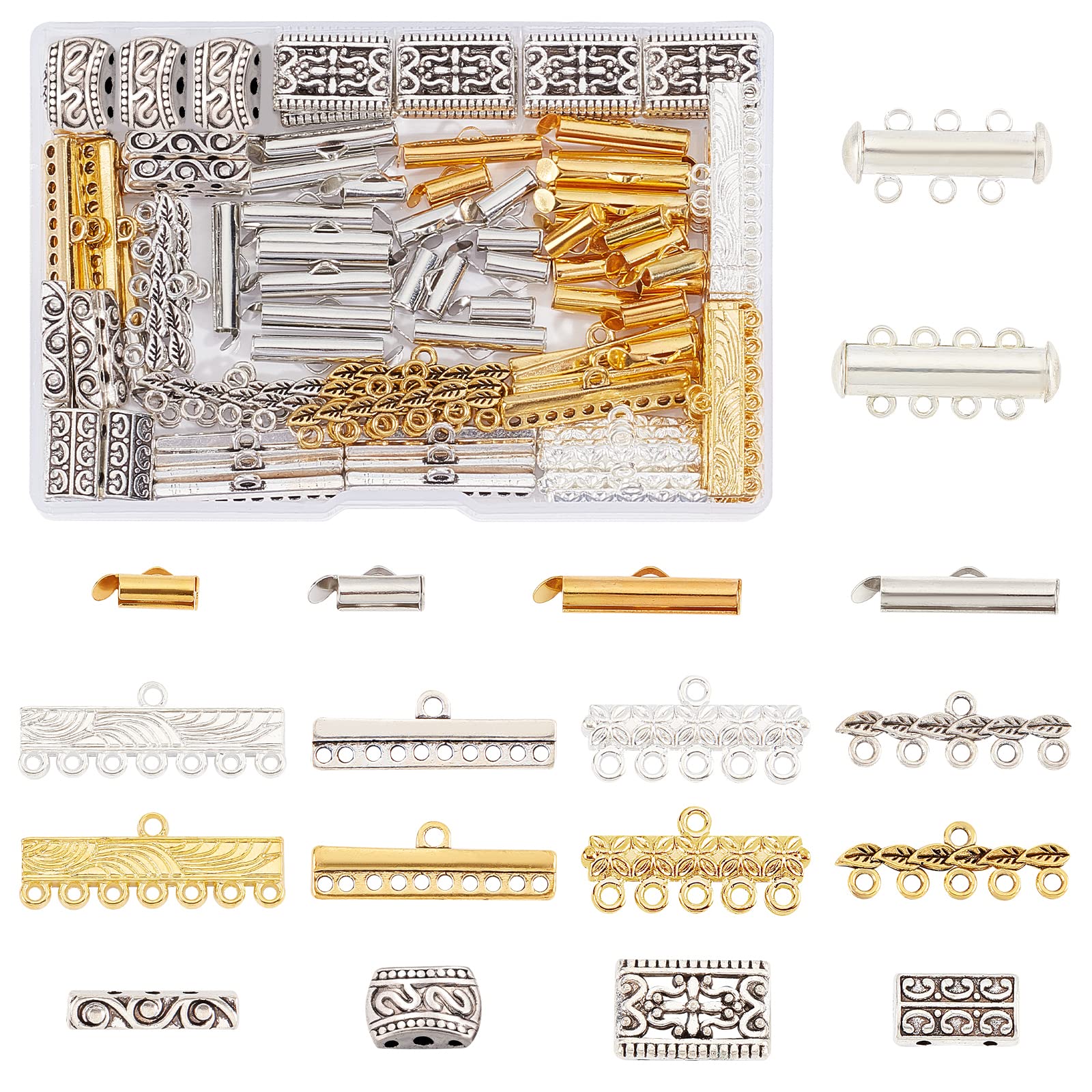 Photo 1 of PH PandaHall 18 Styles Layering Clasp, 166pcs Slide Lock Clasps Multi Strand Necklace Slide On End Clasp Tubes Tibetan Charm Connector Links Jewelry Clasps for Layered Bracelet Necklace Crafts
