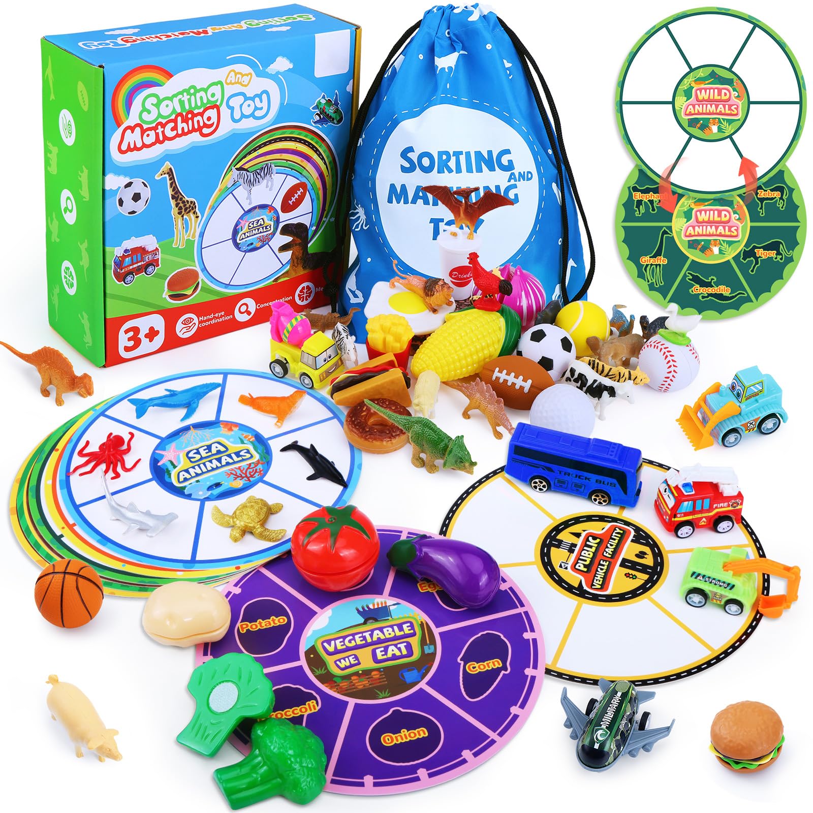 Sorting Toys for Toddlers with Storage Bag, Multiple Theme Fine Motor Skills Games, Match Card & Sort Game Set, Preschool Learning Activities Sensory Toys Playset Matching Games for Boys and Girls