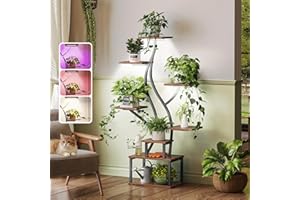 PRAISUN 51.3 Inch Plant Stand with Grow Light, 6 Tiered Indoor Plant Shelf with Larger Flower Holder, Pine-Shaped Stand, 3 Light Modes, Open Base, Corner Plant Rack for Living Room, Rustic Brown