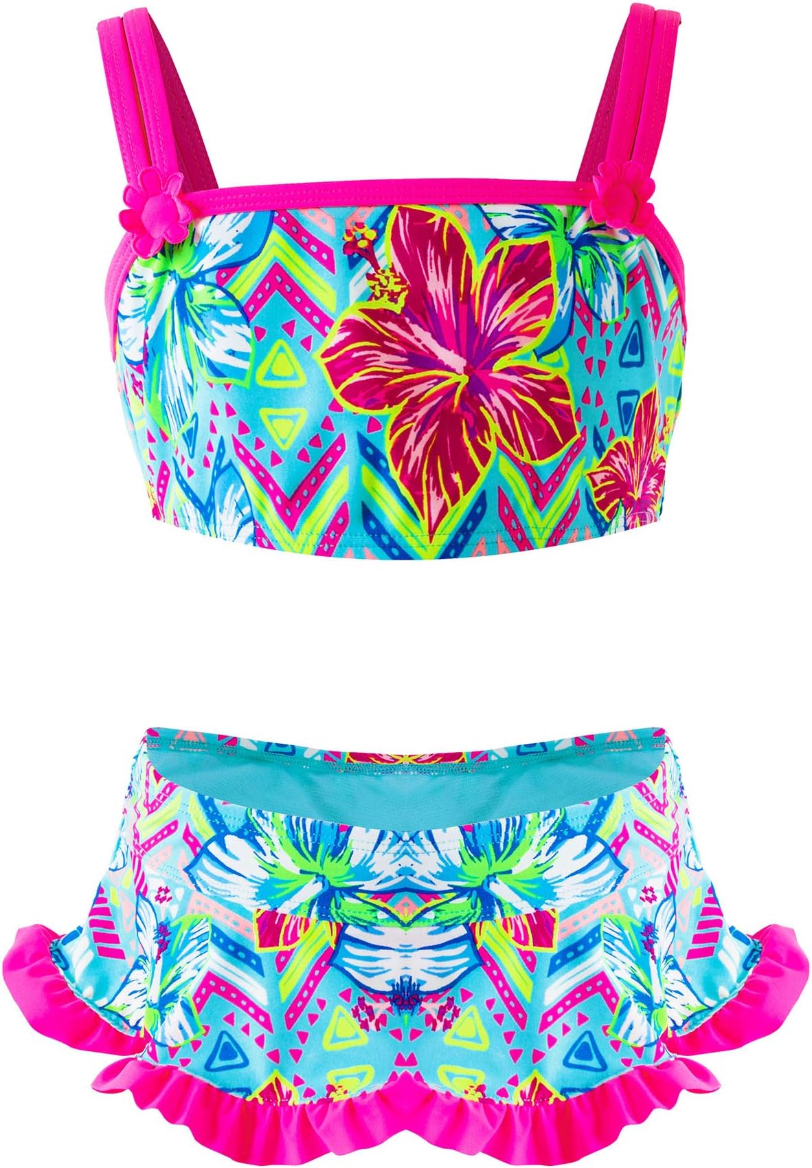 Girls Swimsuits Two Piece, Kids Bikini Set Flamingo Hawaiian Ins, Tropical Printing Beach Bathing Suit for Vacation