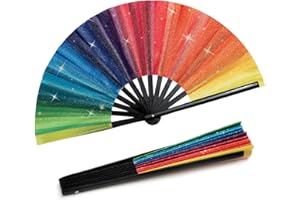 Hasina Glitter Large Rave Folding Hand Fan, Bamboo Clack Handheld Fan for Men Women, Shiny Design for Party, Club, Dance