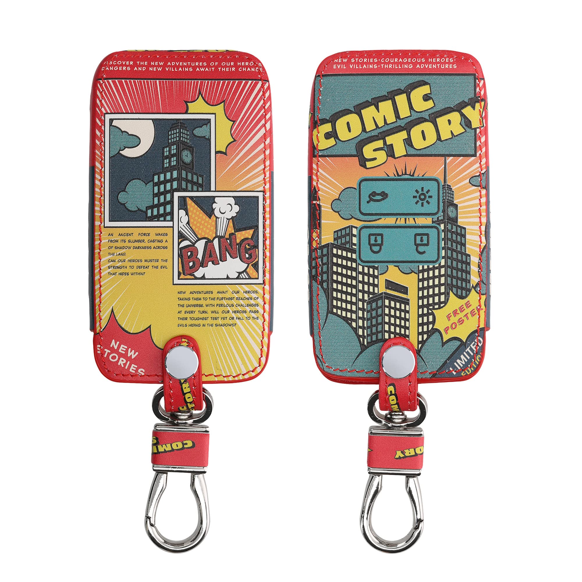 kwmobile Key Cover Compatible with Renault 4 Button Car Key Smart Key (only Keyless Go) - Faux Leather - Comic Story Red/Blue/Yellow