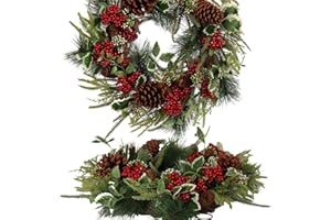 Pudate Christmas Wreath for Front Door 22 in– Artificial Pine with Red Berries and Pinecones, Full and Lush Holiday Door Decoration for Indoor/Outdoor Use – Handcrafted Festive Greenery Wreath