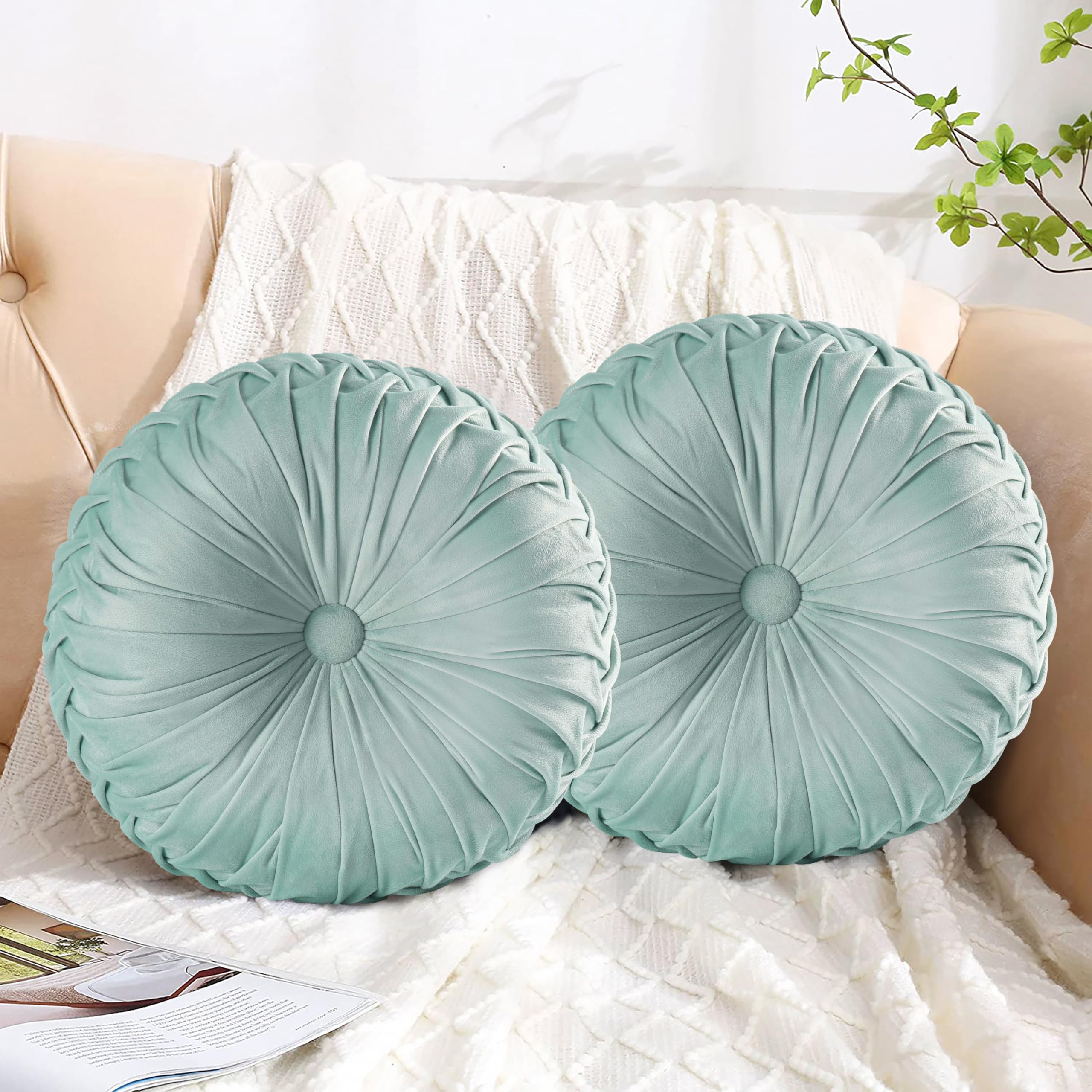 Photo 1 of HIG Set of 2 Decorative Round Pleated Throw Pillows, Classy Accent Pumpkin Throw Pillows with Center Button, Vintage Velvet Floor Pillows for Sofa Vanity Chair Bed, Aqua, 14.5" Diameter(Ripple)
