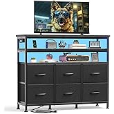 DUMOS TV Stand for Up to 45 inch TV, Wood Top TV Media Console Table with 6 Fabric Drawers, 2 Shelves, Entertainment Center with LED Lights & Charging Station for Living Room, Hallway, Black
