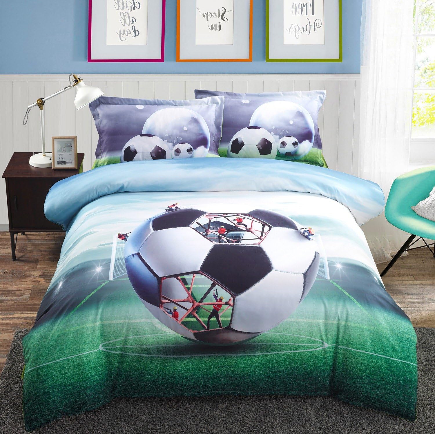3D Bedding Sets 800TC Percale 4 Pieces Duvet Cover Sets Football Style Cotton Quality Complete Bedding Set with 1 Duvet Cover 1 Fitted Sheet 2 Pillowcases(King 200x225cm)