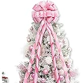 Hismir Christmas Tree Topper Bow,53x13 Inches Large Christmas Bow with Glitter Streamer and Patterned Ribbon,Decorative Bows for Xmas Tree Wreath Door Festival Home Decor(Pink Snowflake)