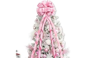 Hismir Christmas Tree Topper Bow，53x13 Inches Large Christmas Bow with Glitter Streamer and Patterned Ribbon，Decorative Bows for Xmas Tree Wreath Door Festival Home Decor(Pink Snowflake)