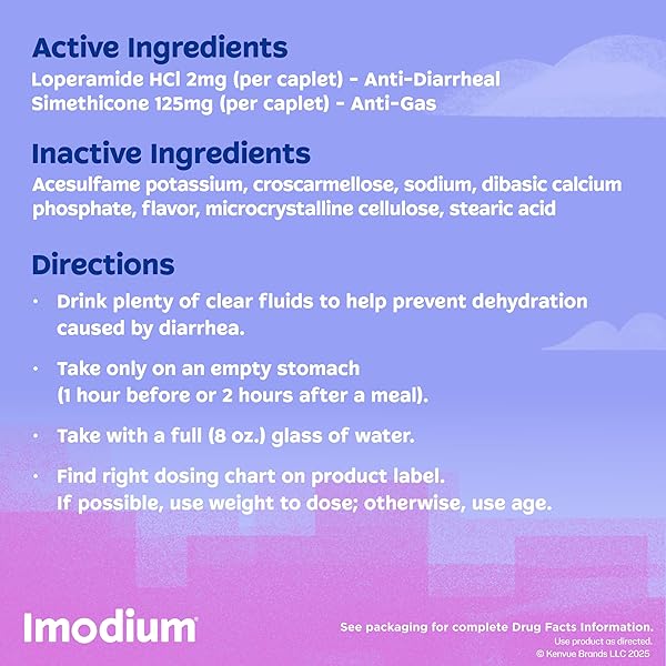 IMODIUM MULTI-SYMPTOM RELIEF CAPLETS, LOPERAMIDE HYDROCHLORIDE & SIMETHICONE ANTI-DIARRHEAL MEDICINE FOR THE RELIEF OF DIARRHEA, GAS, BLOATING, CRAMPS & PRESSURE, HSA/FSA ELIGIBLE, 18 CT