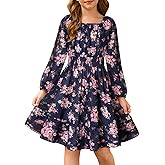 GRACE KARIN Girls Fall Dress Floral Long Sleeve Midi with Smocked Waist for Holiday Party 6-14Y
