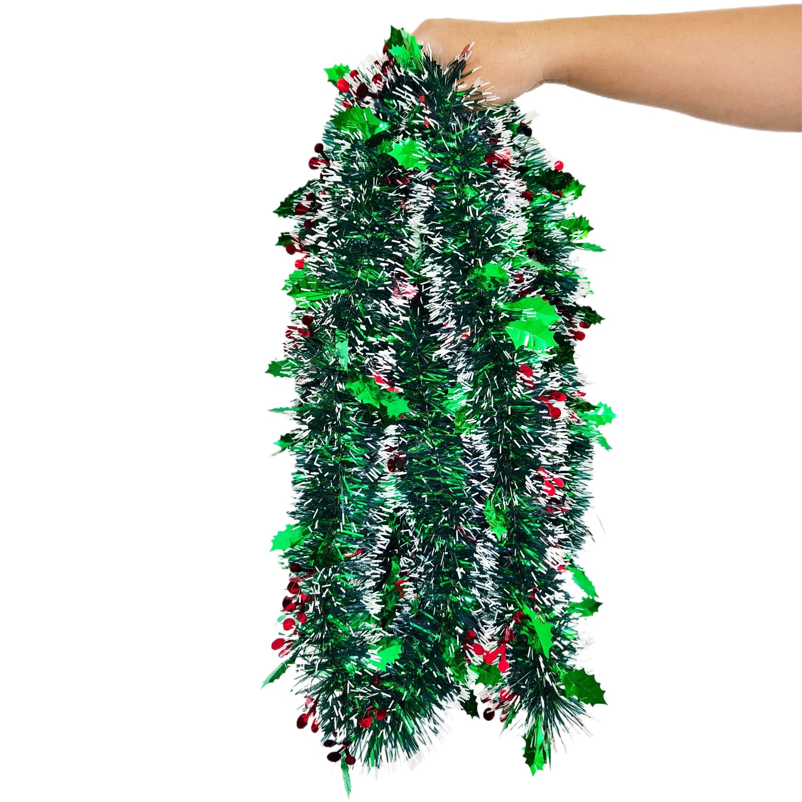 AMLOOPH Green Tinsel Christmas Tinsel Garland, 10m Thick Metallic Green Tinsel With Leaf Red Berry For Stairs, Home Xmas Tree Decorations