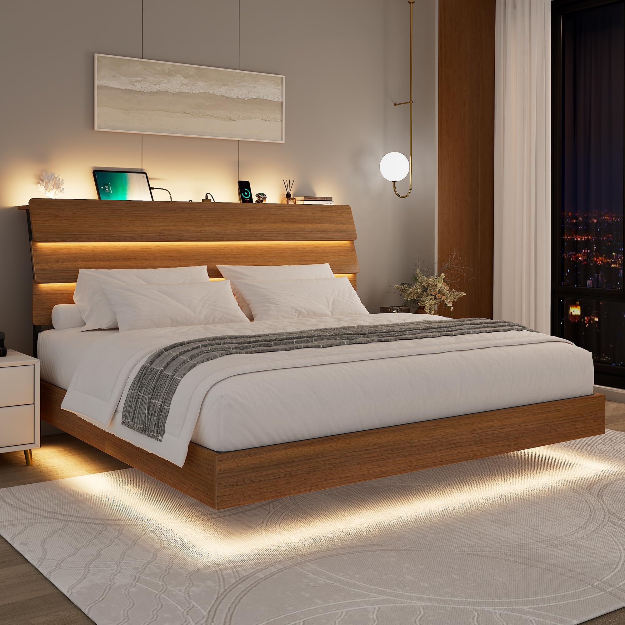 Photo 1 of **MISSING PARTS** BOX EN VERY BAD CONDITION**Feonase Floating Bed Frame King with Led Lights and Charging Station, Wood Full Size Bed Frame with Storage Headboard, Heavy Duty Metal Slats, No Box Spring Needed, Easy Assembly,Walnut