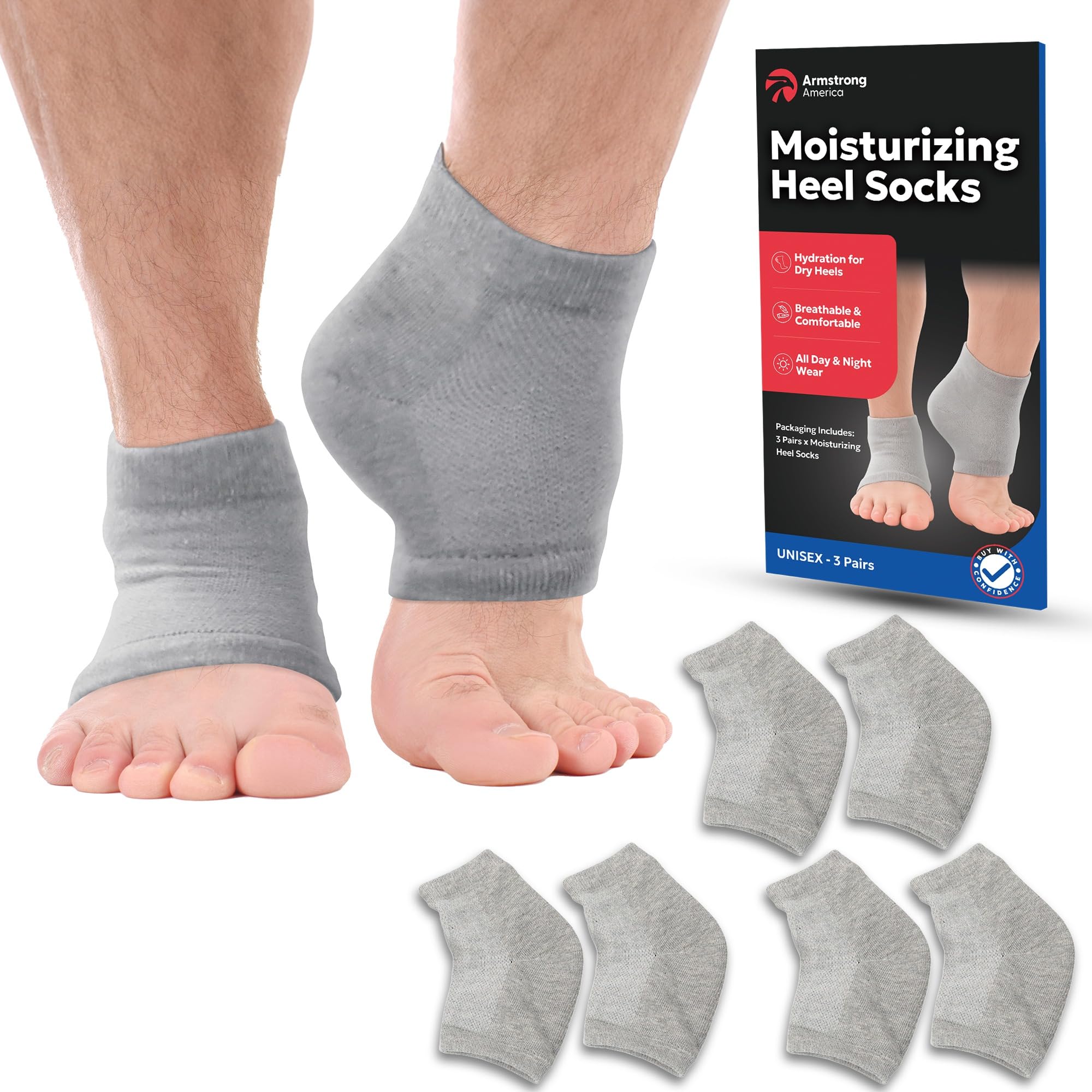 Moisturizing Socks for Men & Women | Cracked Heel Treatment with Aloe Vera | Moisturizer Foot Callus Remover | Aloe Socks for Cracked Heels & Dry Rough Feet (Gray - 3 Pairs, Large)