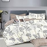 LEMIROE 100% Cotton Duvet Cover King Size,Vintage Design with Luxrious Black Sketched Flowers &amp; Leaves on Cream,Reversible Taupe Bed Sets 3Pcs,Button Closure