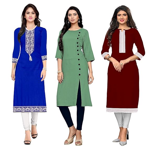 Genesis Women's Cotton Semi-Stitched Kurta (Multicolour, Free Size)-Combo of 3 (Unstitched)